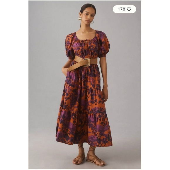 Anthropologie Somerset Boho Folkcore Floral Maxi Dress Puff Sleeve Rust Peasant - Picture 2 of 10